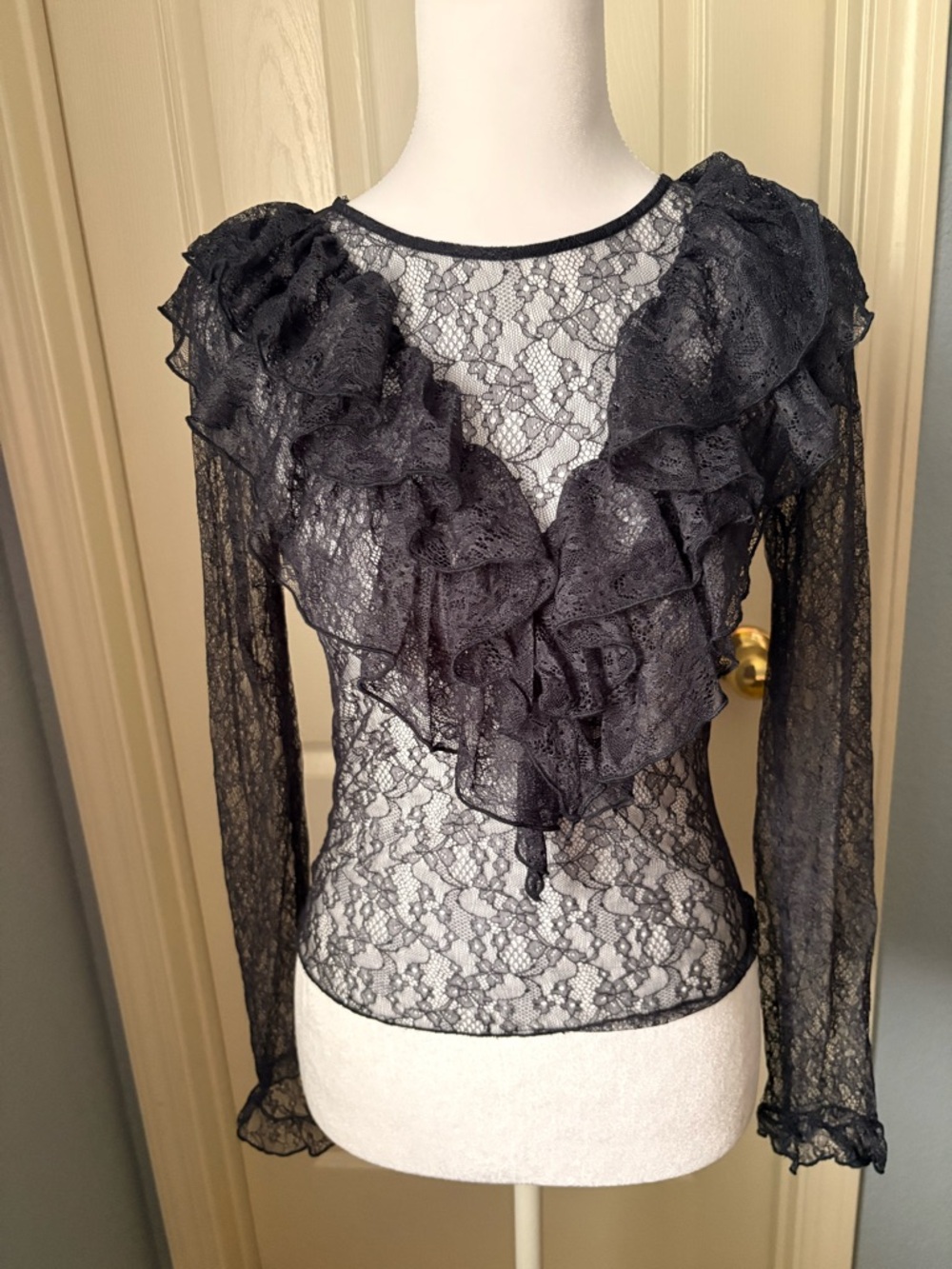 Zara Navy Blue Lace Ruffle Long-Sleeve Blouse